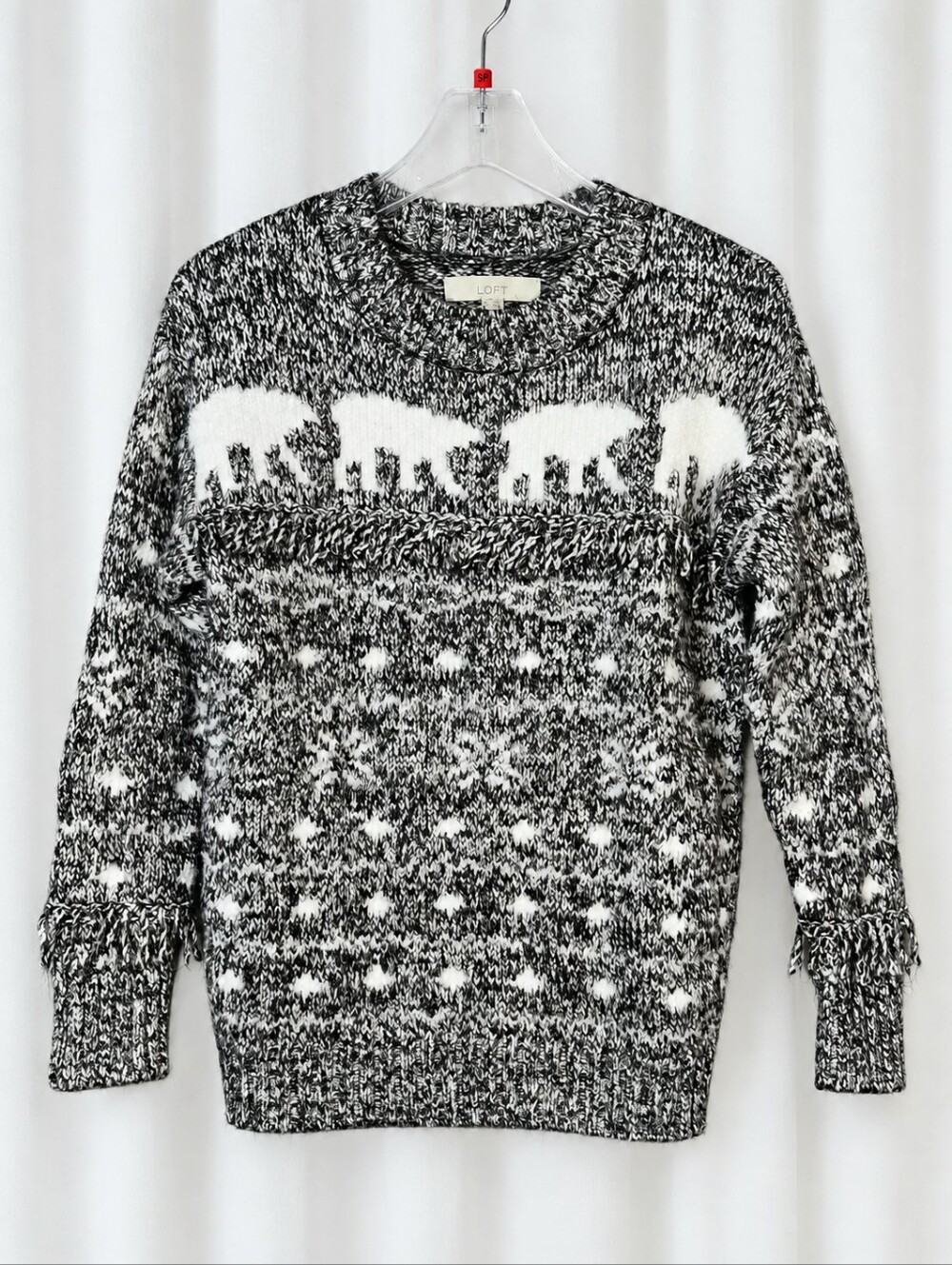 LOFT Polar Bear Fair Isle Fringe Trim Black White Marled Knit Pullover Sweater